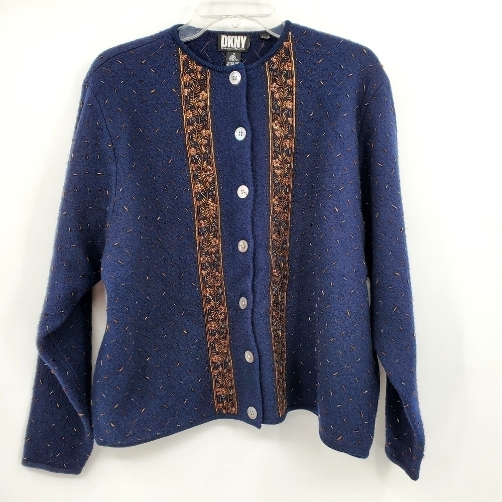 DKNY Beaded 100% Wool Cardigan Jacket